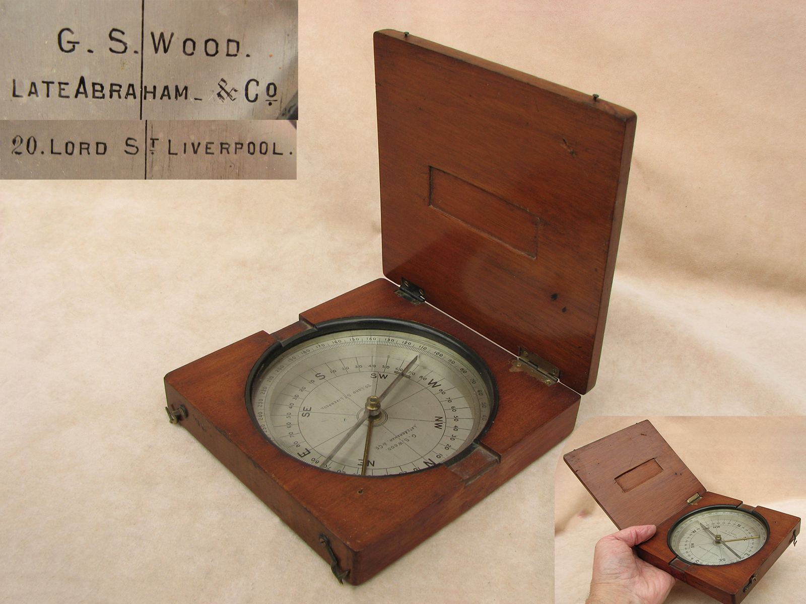 Large surveyors compass signed G.S.Wood. Late Abraham & Co